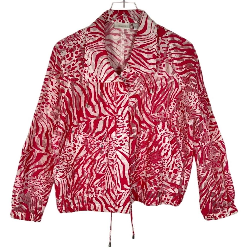 Chico's Women's Sheer Zebra Print Jacket 0 US S Pink White Zip Snap Front